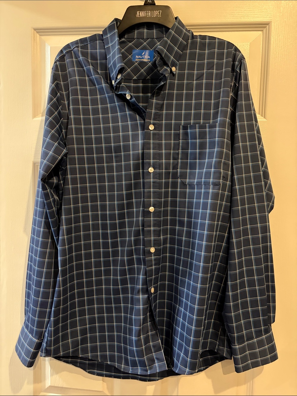 Nautica Men's Dark Blue Windowpane Plaid Button-Down Shirt